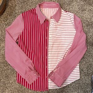 SHEIN Red and White Striped Women's Button Down Shirt